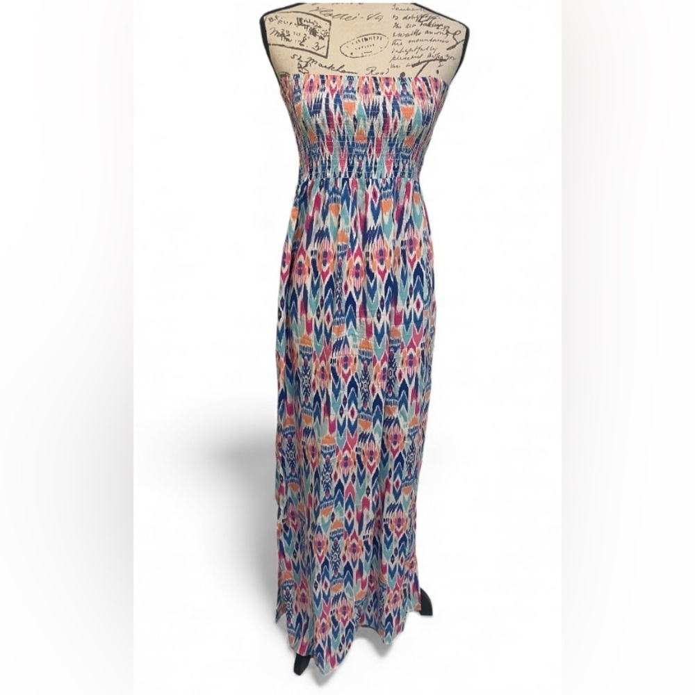 Gap Strapless Smocked Bodice Maxi Dress Ikat Print w/ Side Slits – Size S